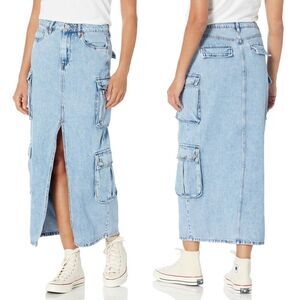 100% Cotton Revolve Blank NYC Denim Cargo Maxi Skirt Blue 26